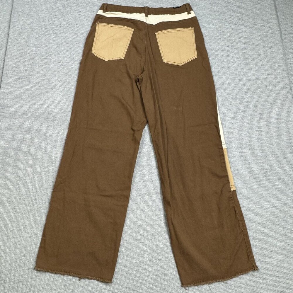 Almost Famous Patchwork Denim Jeans Womens Size 11 Brown Tan Raw Edge High Rise - Picture 2 of 14